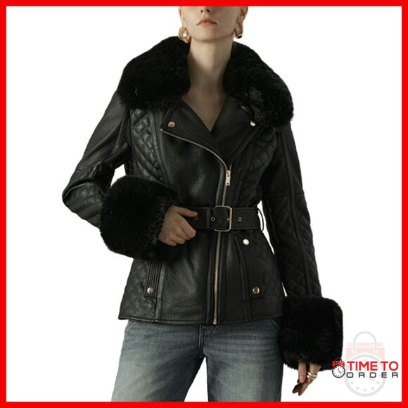 Women's Faux Leather Moto Jacket Sherpa Lined Belted Winter Coat Parka - Picture 1 of 6